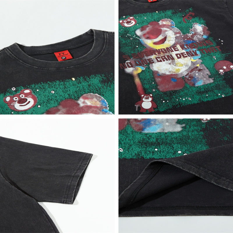 Distorted vintage washed strawberry bear short sleeve t-shirt