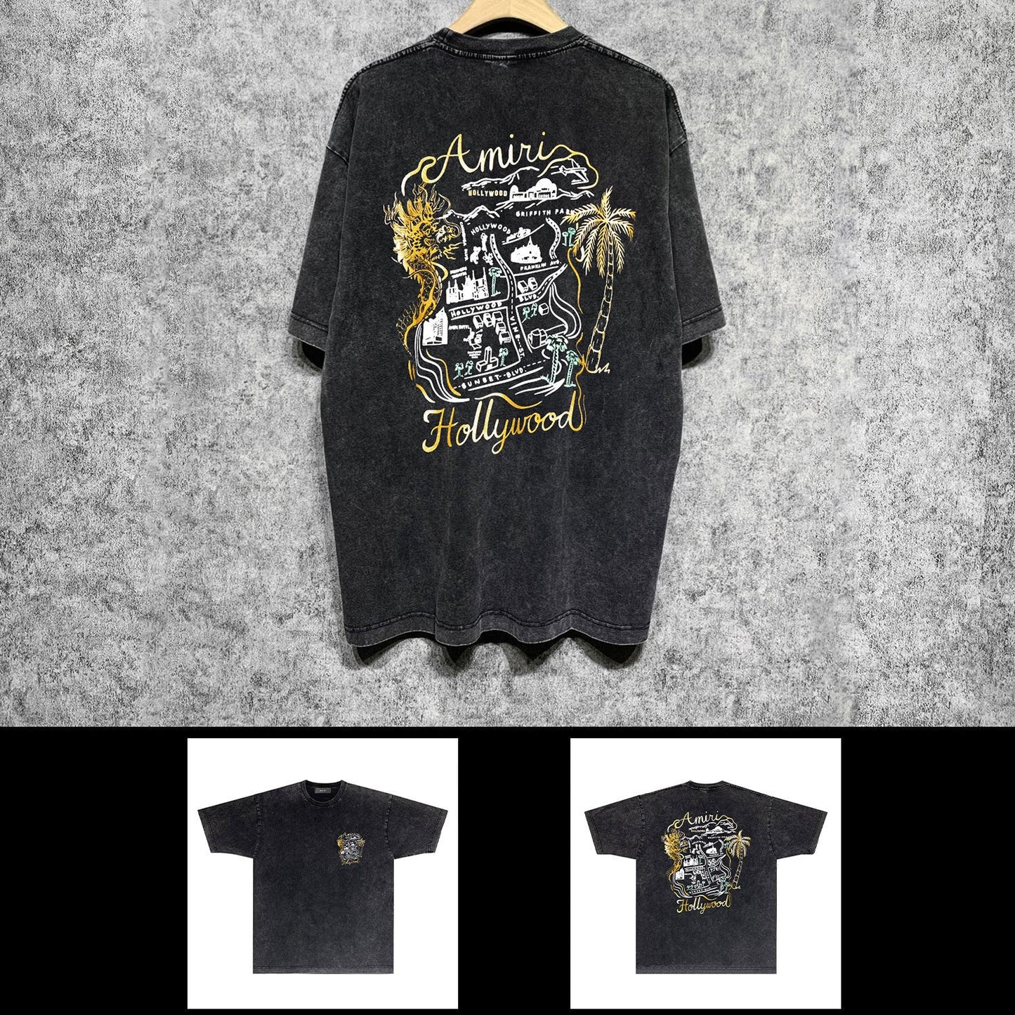 Amiri washed t-shirt hollywood golden dragon printing short sleeve