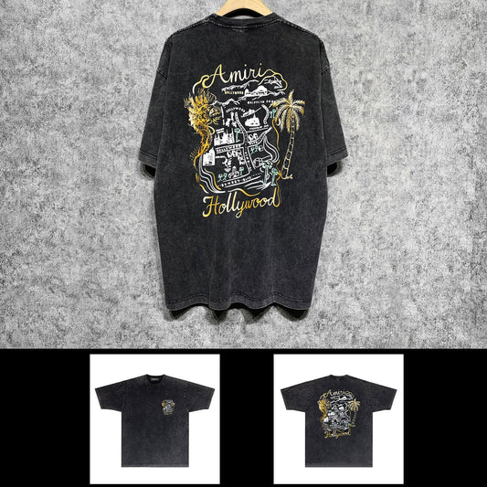 Amiri washed t-shirt hollywood golden dragon printing short sleeve