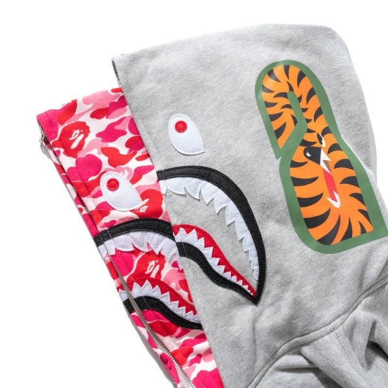 Ape Hoodie Shark Double Hat Embroidered Zip Sweater Casual Loose Hooded Jacket