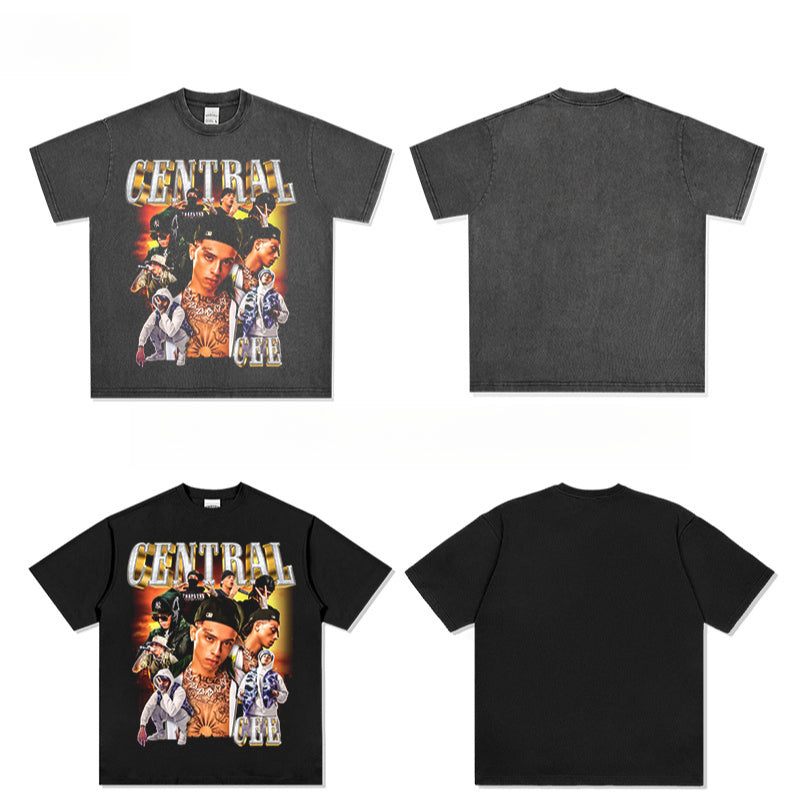 Streetwear masculino vintage hip hop central cee jinchi print short sleeve t-shirt
