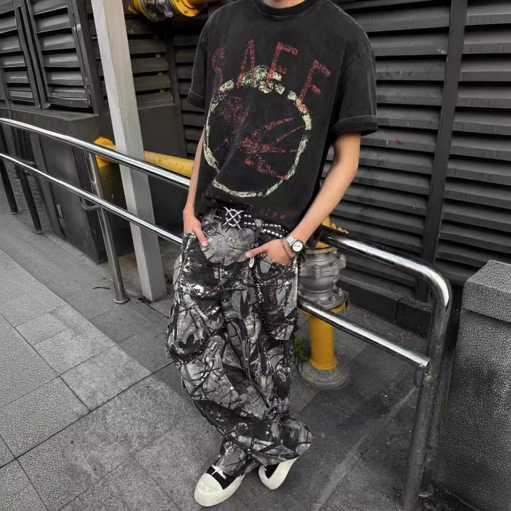 Streetwear Eua t-shirt washed and old short-sleeved men's peace dove print loose crew neck t-shirt