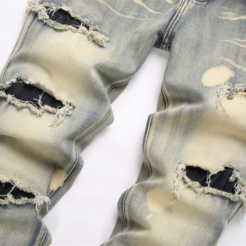 1990 Fashion Jeans Retro Blue Ripped Small Straight Jeans