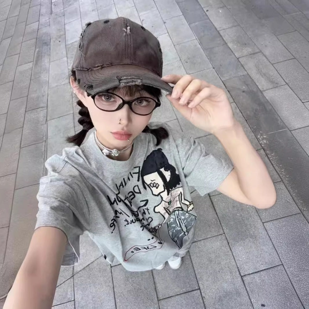 Streetwear Eua t shirt cotton cyberpunk print summer loose vintage couple top