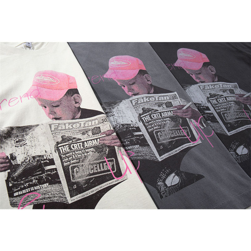 US drip outfits Summer Vintage Portrait Daily Pattern Casual Loose Short Sleeve T-Shirts