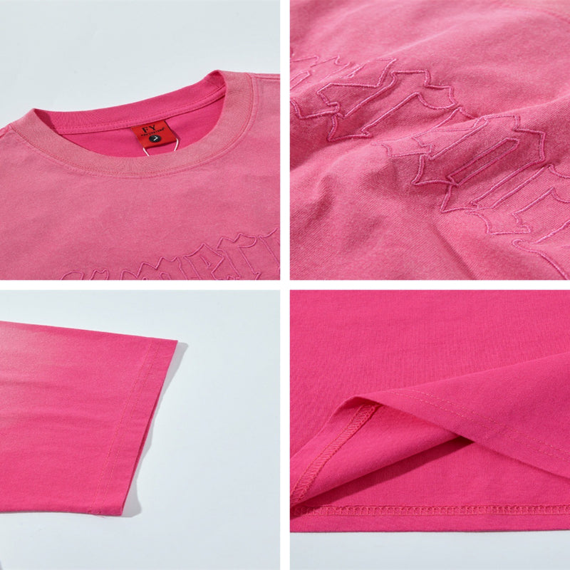 Distorted vintage gradual change embroidered short-sleeved t-shirt summer loose casual top