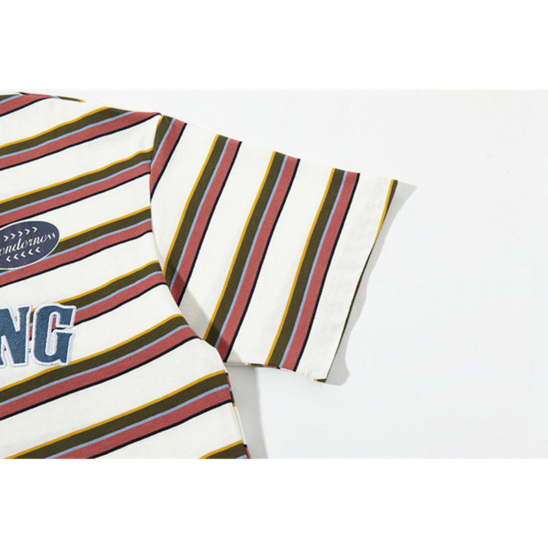 New York Hip Hop Style Vintage Striped Short Sleeve POLO Shirt Summer Alphabet Embroidered Lapel T-Shirt
