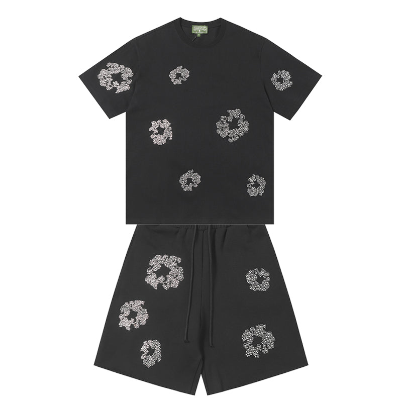 Denim Tears T shirt & Shorts 2 Piece Set Rhinestones