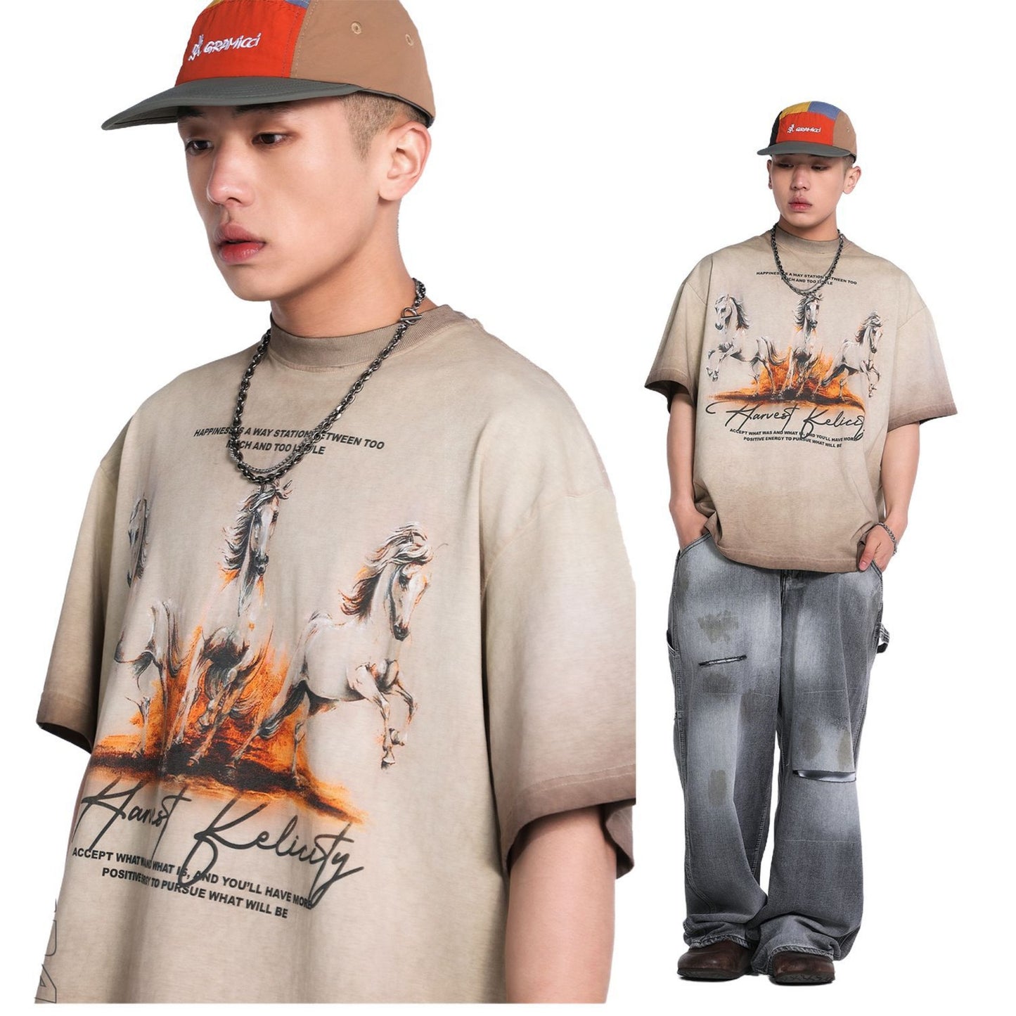 Unisex T-shirts Summer Wash Men's Loose Short Sleeve T-Shirt