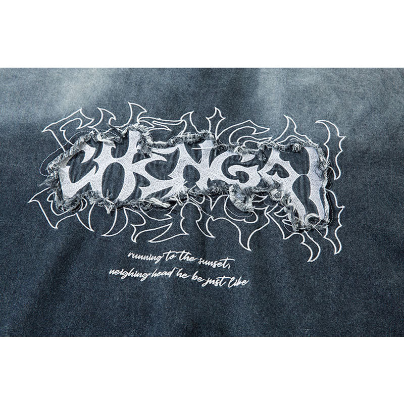 Marcas De Streetwear Vintage Old Alphabet Patch Embroidered Denim Long Sleeve T-Shirt