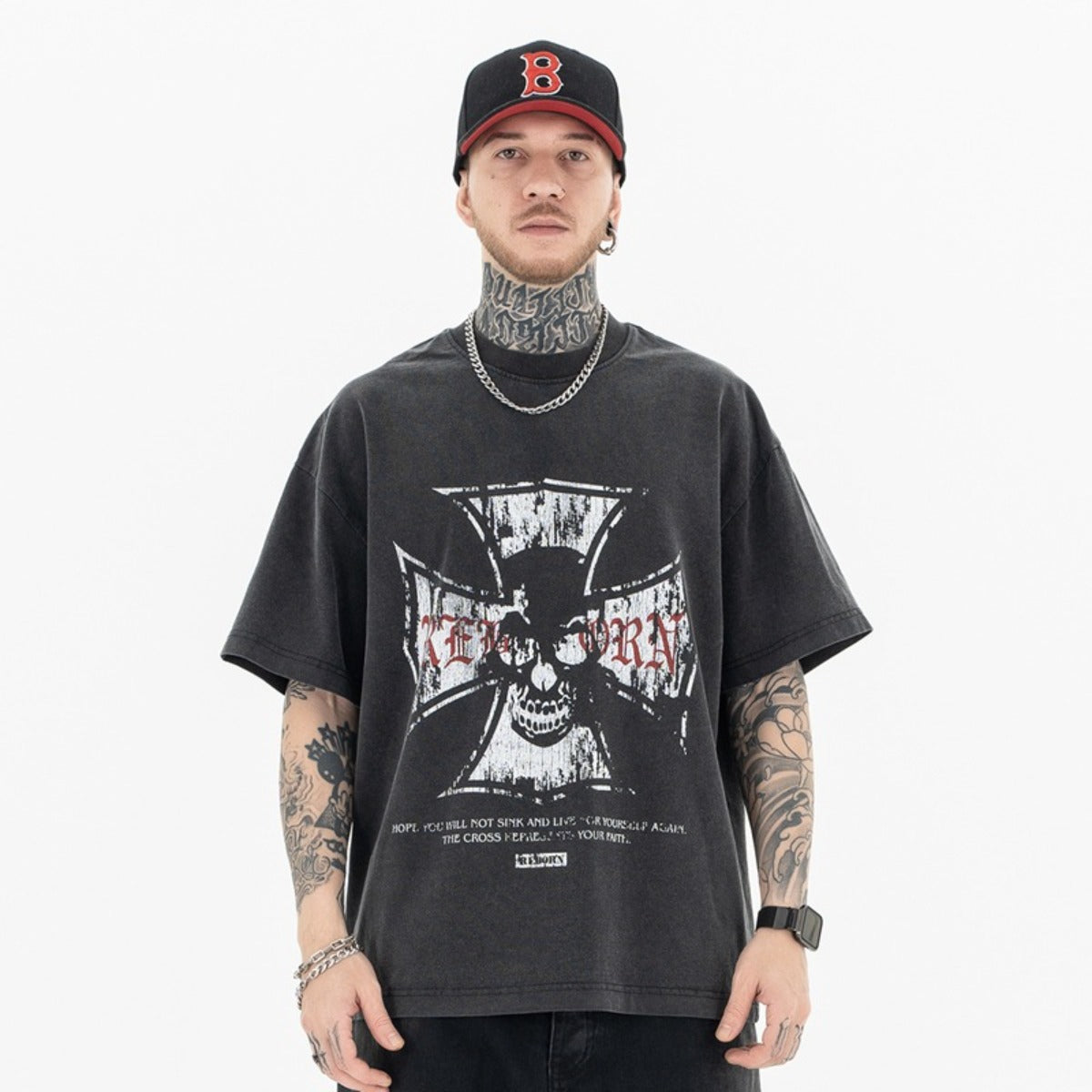 Vic Streetwear Summer Vintage Washed Skull Print Short Sleeve T-Shirt