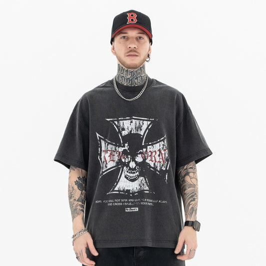 Vic Streetwear Summer Vintage Washed Skull Print Short Sleeve T-Shirt