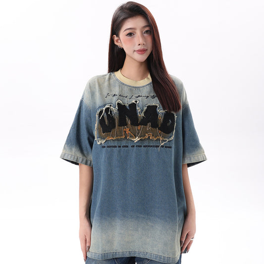 Remeras rock nacional summer vintage embroidered denim t-shirt short sleeve