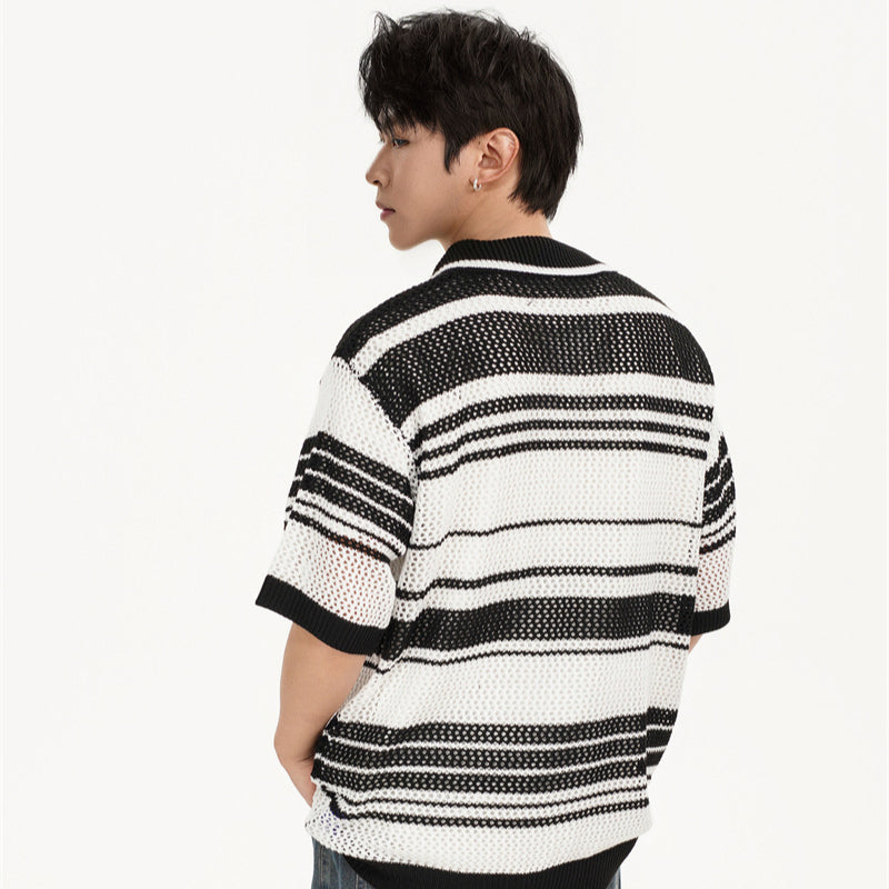Camisas Retros Lapel Striped Contrast Knitted Vest