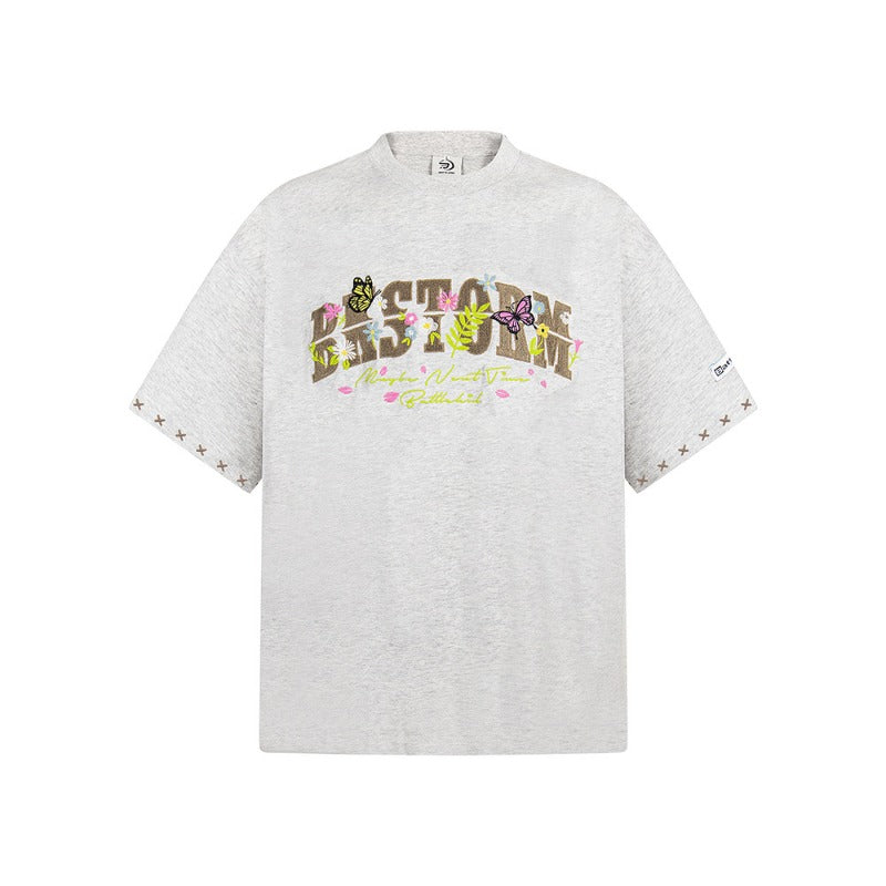 New York Hip Hop Style Vintage Butterfly Floral Alphabet Print Short Sleeve T-Shirt