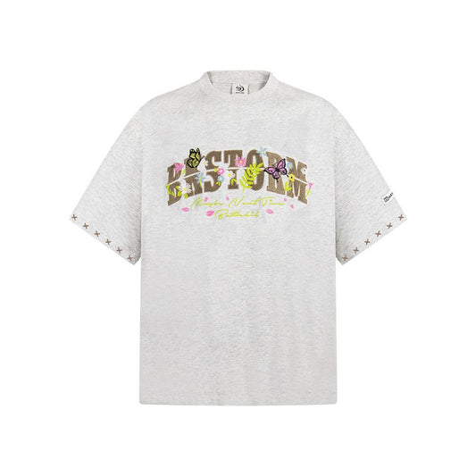 New York Hip Hop Style Vintage Butterfly Floral Alphabet Print Short Sleeve T-Shirt