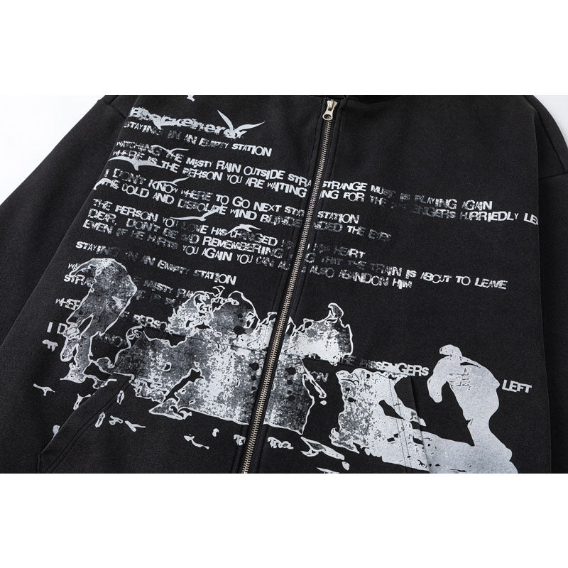 Streetwear Hoodie Vintage Washed Old Letter Print Hooded Sweater Cardigan Jacket