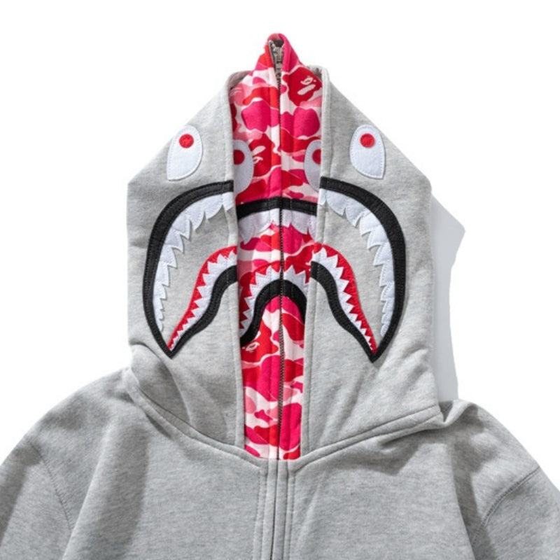 Ape Hoodie Shark Double Hat Embroidered Zip Sweater Casual Loose Hooded Jacket