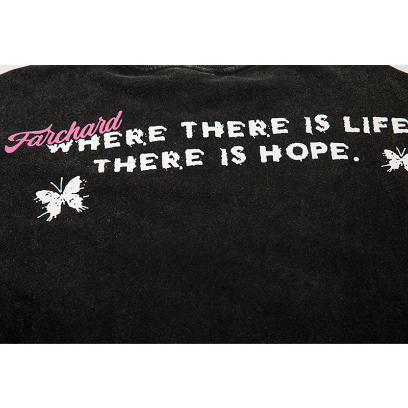 Vintage T Shirts Hip Hop Butterfly Print Washing Water Old Long Sleeve T-Shirt