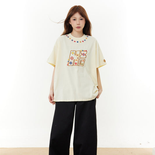 Camisas Retros Embroidered Short Sleeve T-Shirt Vintage Loose Casual tee