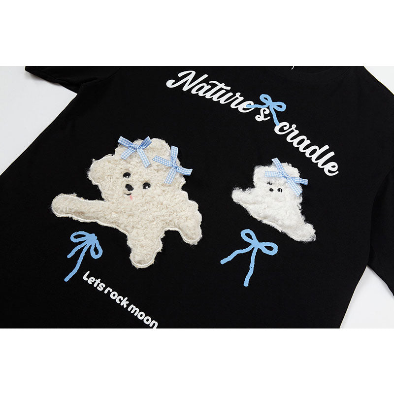 Nostalgia T Shirts Dog Flocking Embroidery Short Sleeve T-Shirt Bow Loose Top