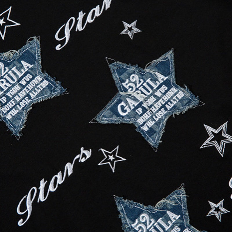 Vintage T Shirts Hip Hop Star Denim Patch Embroidered Long Sleeve T-Shirt