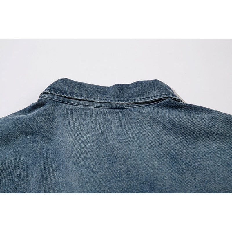 Marcas De Streetwear Washed Denim POLO Vintage Embroidered Lapel Sweater