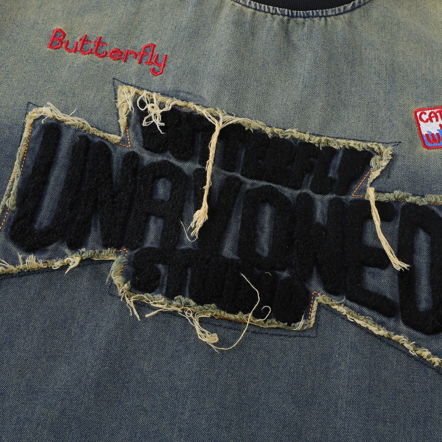 Hip Hop Clothing Vintage Washed Denim T-Shirt Short Sleeve Embroidery