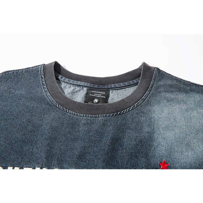 Marcas De Streetwear Letter Embroidered Loose Denim Long Sleeve T-Shirt