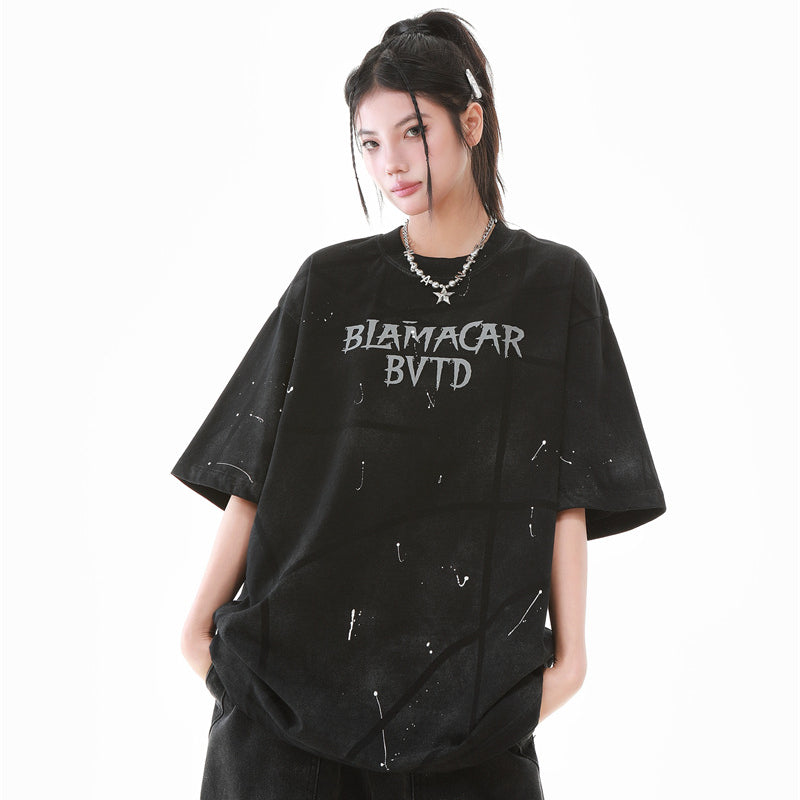 Camisas Retros Washed Hip Hop Tie-Dye Alphabet Print Short Sleeve T-Shirt