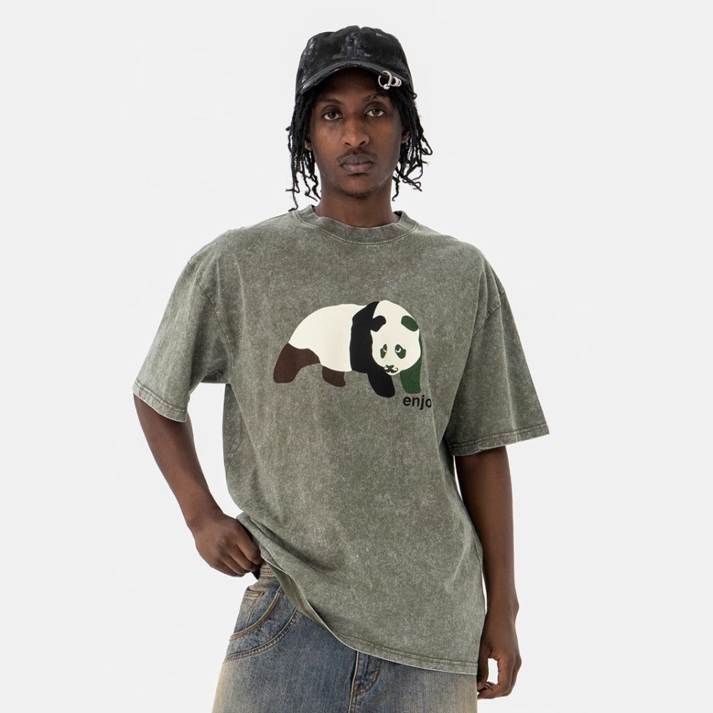 Vic Streetwear Summer Panda Print Washing Water Retro Short Sleeve T-Shirt