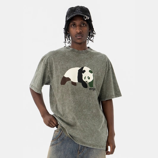 Vic Streetwear Summer Panda Print Washing Water Retro Short Sleeve T-Shirt