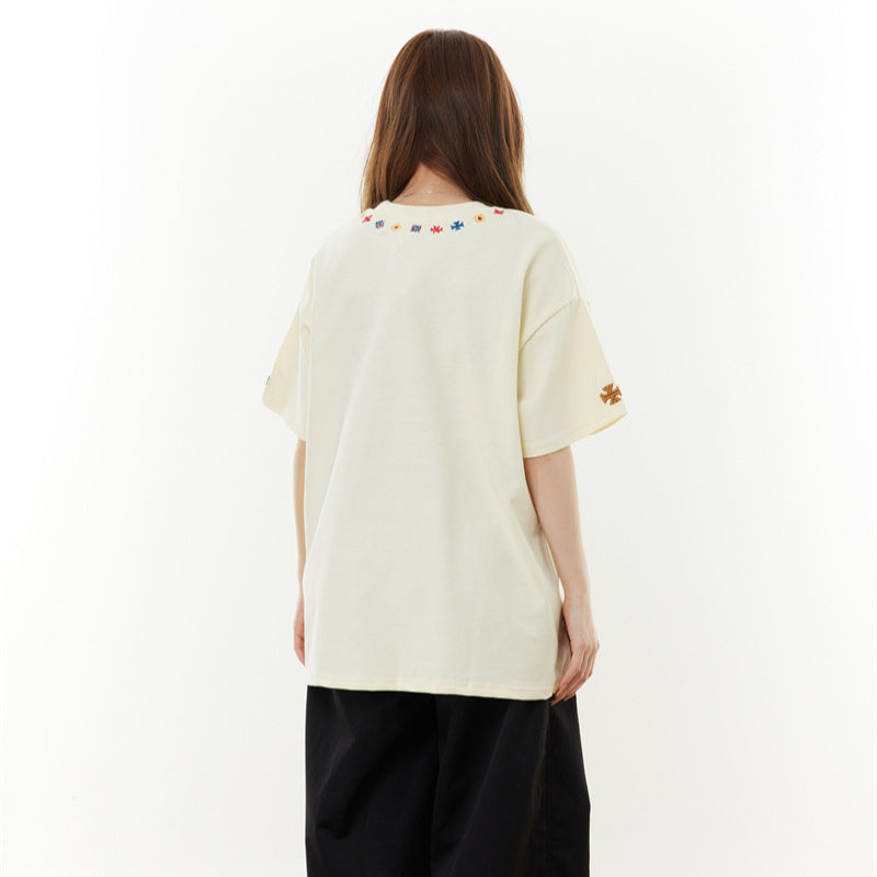 Camisas Retros Embroidered Short Sleeve T-Shirt Vintage Loose Casual tee