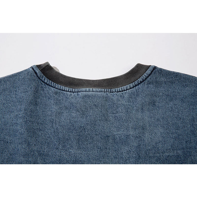 Marcas De Streetwear Vintage Embroidered Washed Denim Long Sleeve T-Shirt