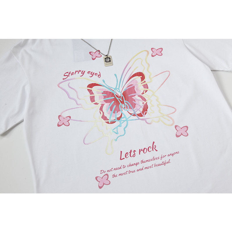 Casual Street Wear Summer Short Sleeve T-Shirt Butterfly Pendant Necklace Loose