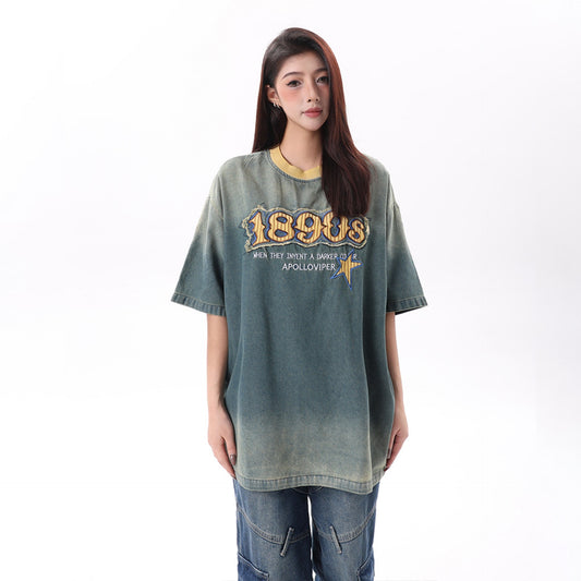 Hip Hop Clothing Summer Vintage Embroidery tee Washed Denim Short Sleeve T-Shirt