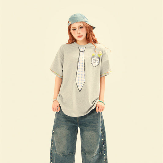 Stone Wash T shirt Vintage Crayon Graffiti Tie Short Sleeve T-Shirt Summer Loose Casual Top