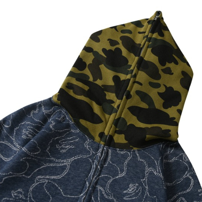 Ape Hoodie Camo Ape Head Embroidered Splicing Hooded Cardigan Zip Sweater Jacket