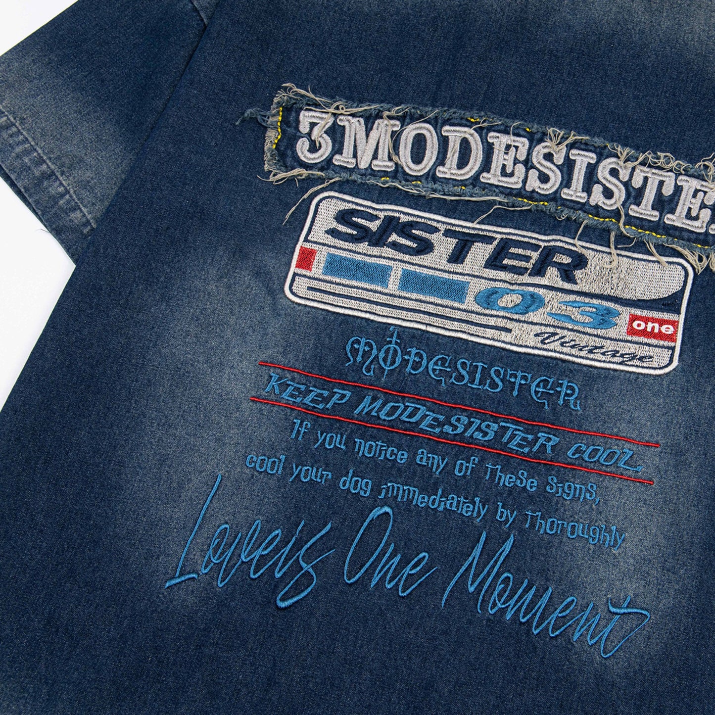 Hip Hop Clothing Retro tee Embroidery Washed Denim Short Sleeve T-Shirt