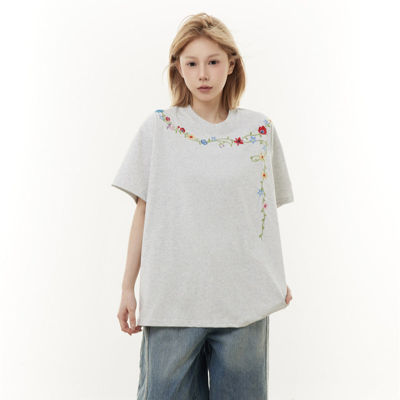 Casual Street Wear Embroidered Flower Necklace Crew Neck Short Sleeve Shirt