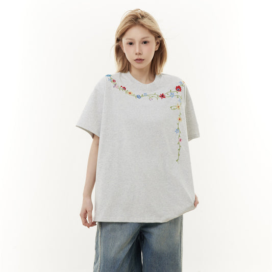 Casual Street Wear Embroidered Flower Necklace Crew Neck Short Sleeve Shirt