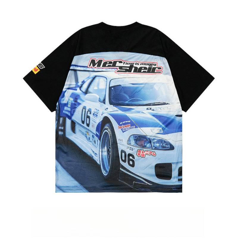 Racing oversized t shirt V-neck racing print mesh shirt T-shirt