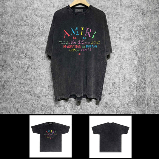 Amiri washed t-shirt watercolor cartoon letter printing short sleeve
