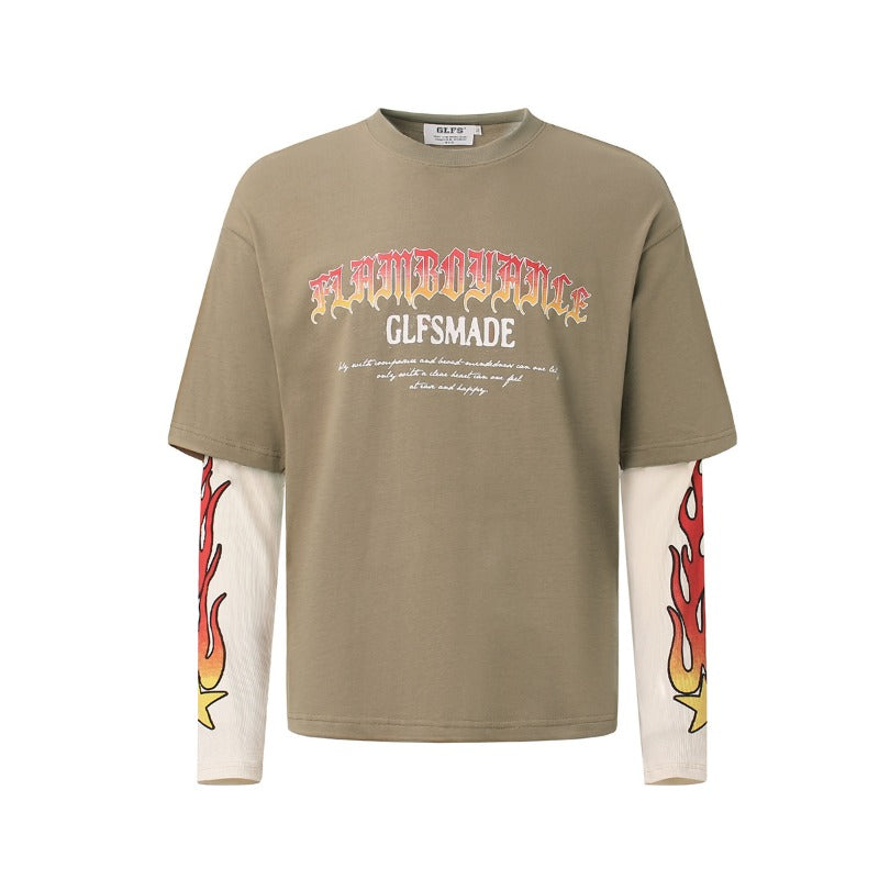 Unisex long-sleeved shirt autum flame fake two-piece