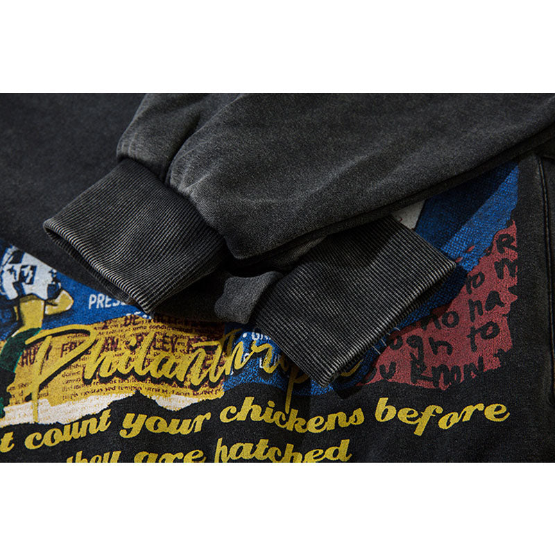Streetwear Hoodie Vintage Washed Old Hooded Sweater Cartoon Cartoon Character Print Casual Hoodie