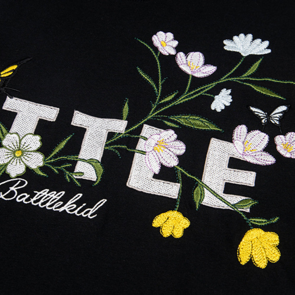 Hip hop shirt vintage plant flower embroidered crew neck t-shirt