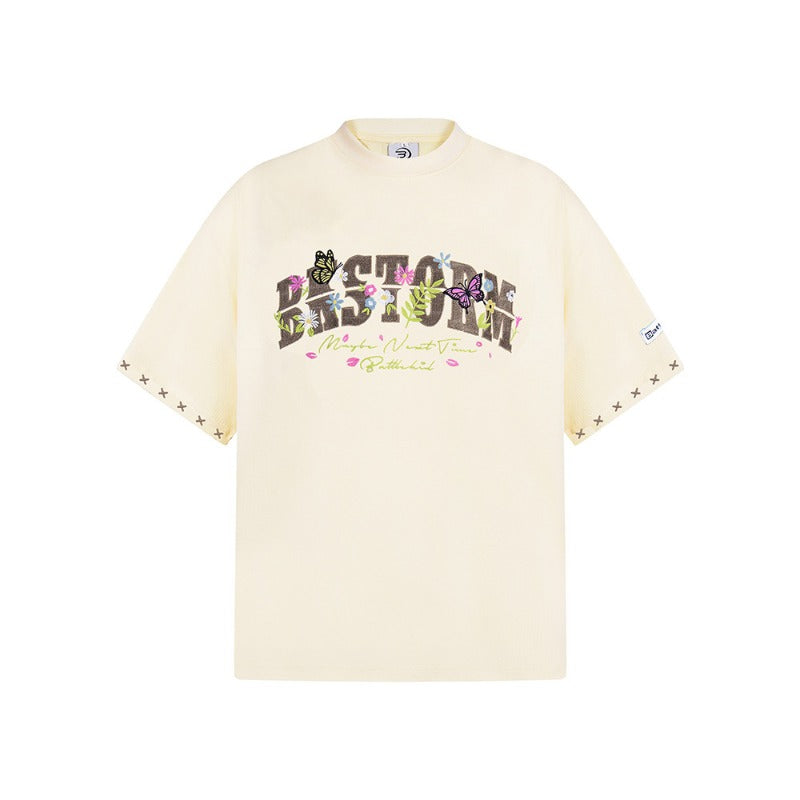 New York Hip Hop Style Vintage Butterfly Floral Alphabet Print Short Sleeve T-Shirt