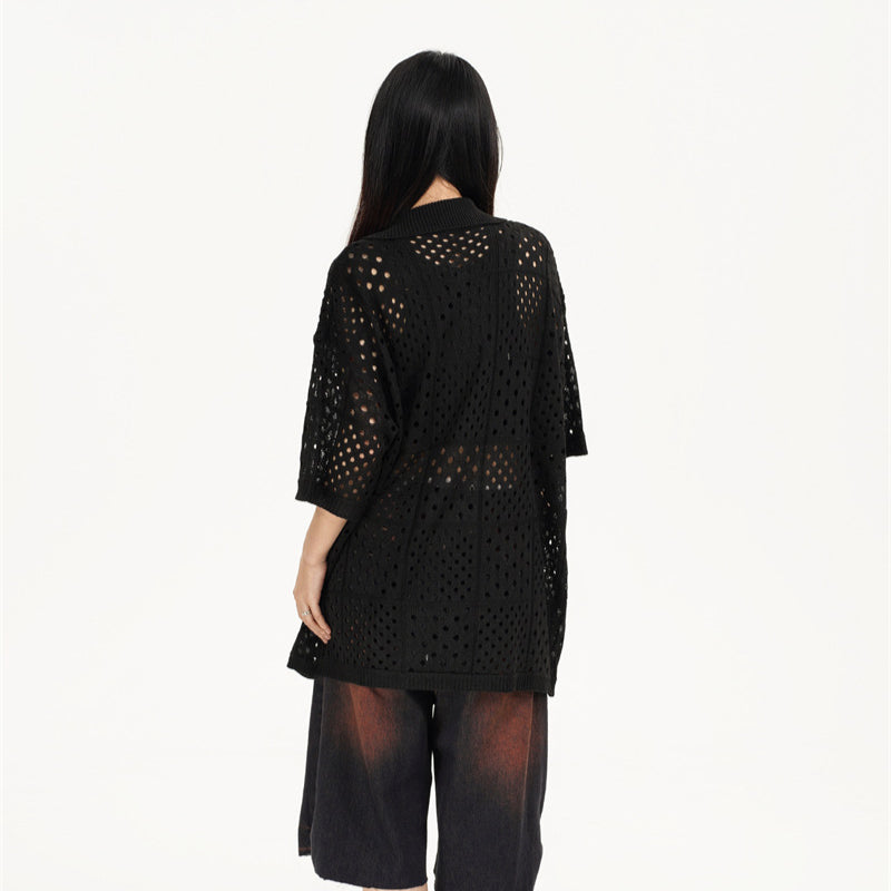 Camisas Retros Vintage Lapel Hollow Sweater Summer Loose Pullover Knitwear Short Sleeves