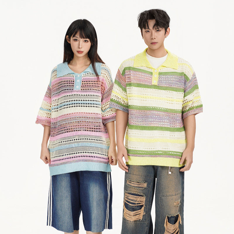 Nyc 1990 Shirt Retro Striped Hollow Contrast Color Knitted Polo Shirt Summer Lapel Casual Short Sleeve T-Shirt