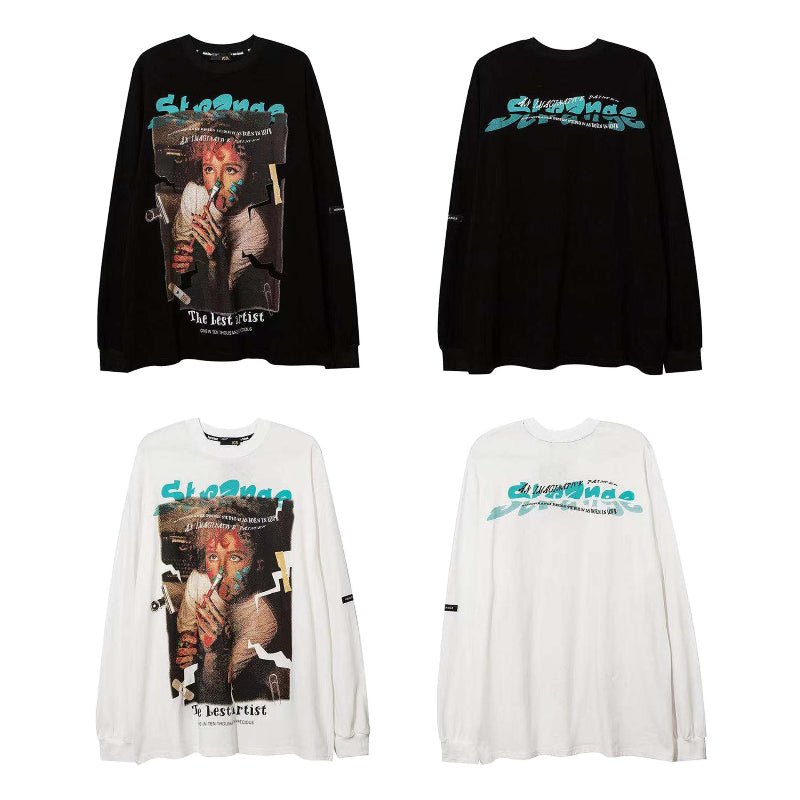 Vintage T Shirts Hip Hop Vintage Painting Kids Print Long Sleeve T-Shirt
